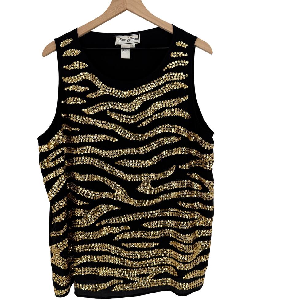 Diane Gilman 100% Silk Top Womens 1X Black Glam Animal Print Gold Sequin